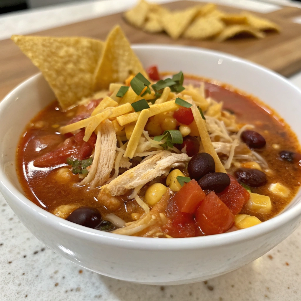 Close-up of rich tortilla soup with shredded chicken, corn, and fresh lime garnish.