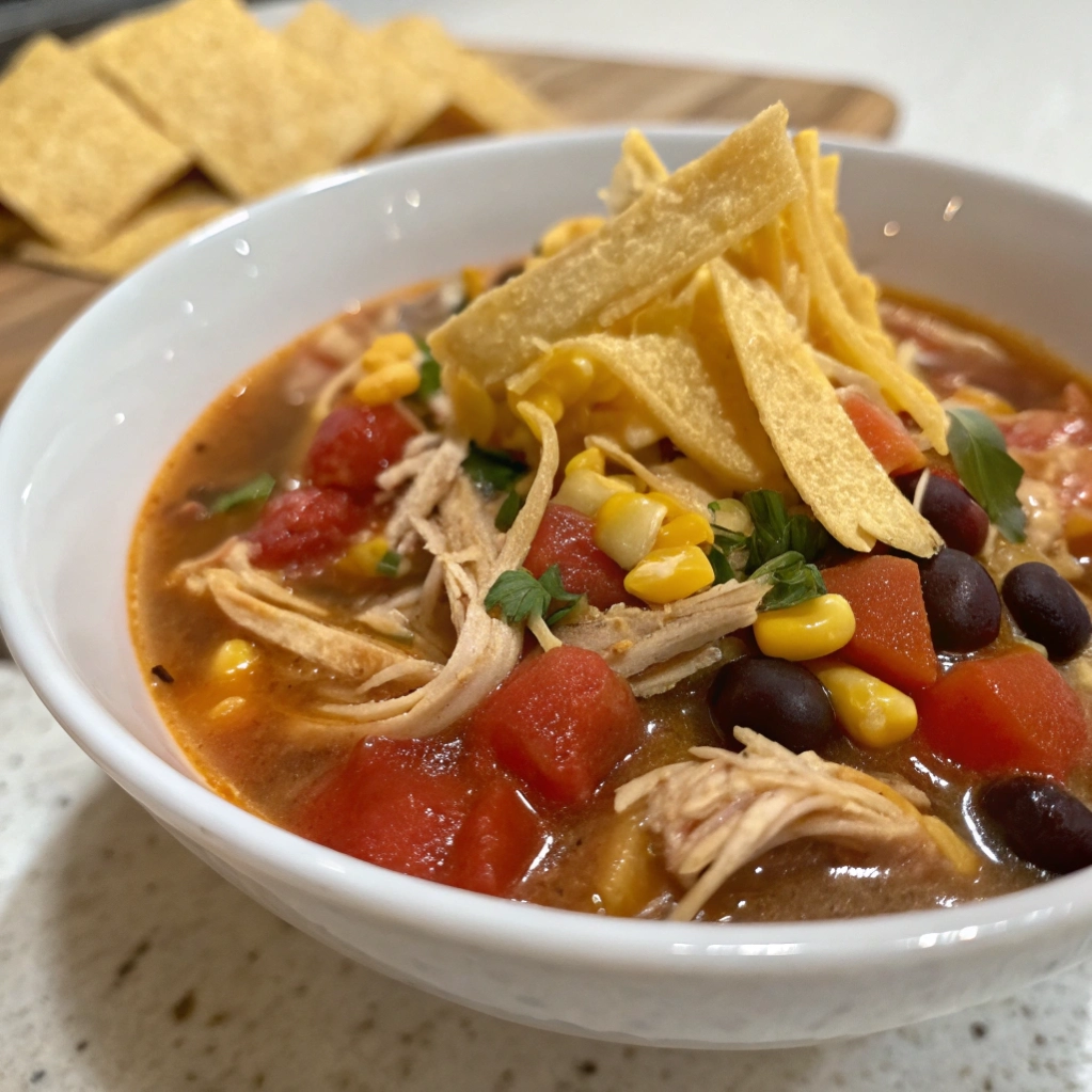Hearty chicken tortilla soup with corn, black beans, and crunchy tortilla strips.