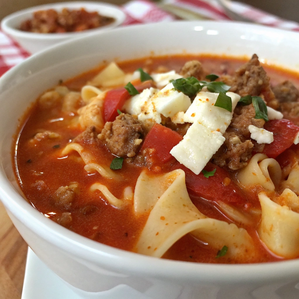 Bowl of red pepper lasagna soup with broken lasagna noodles.
