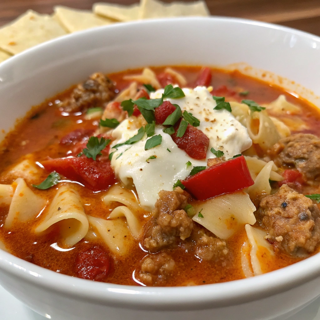 Spicy lasagna soup with Italian sausage, red peppers, and mozzarella cheese.