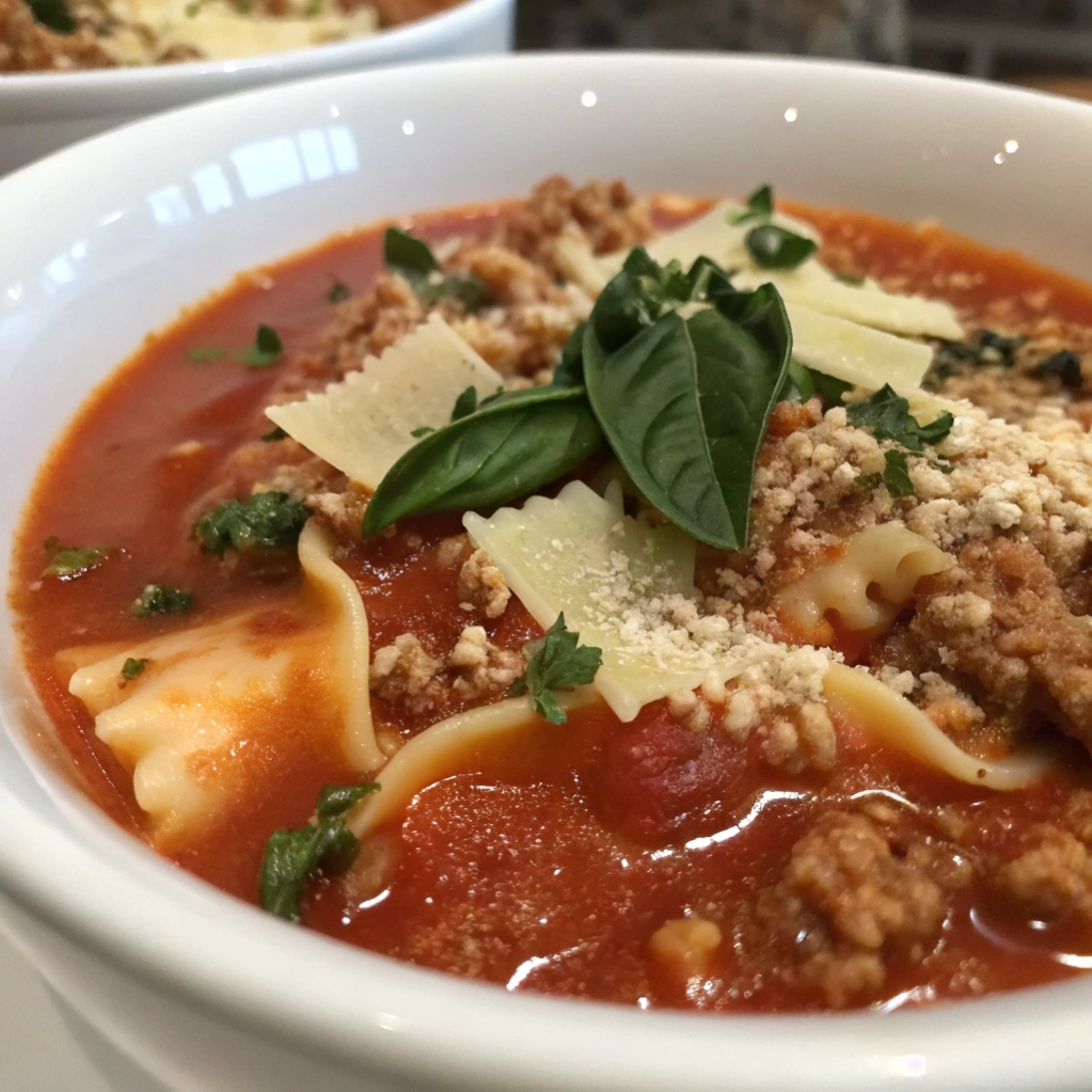 Turkey lasagna soup with bowtie pasta, fresh basil, and parmesan cheese.