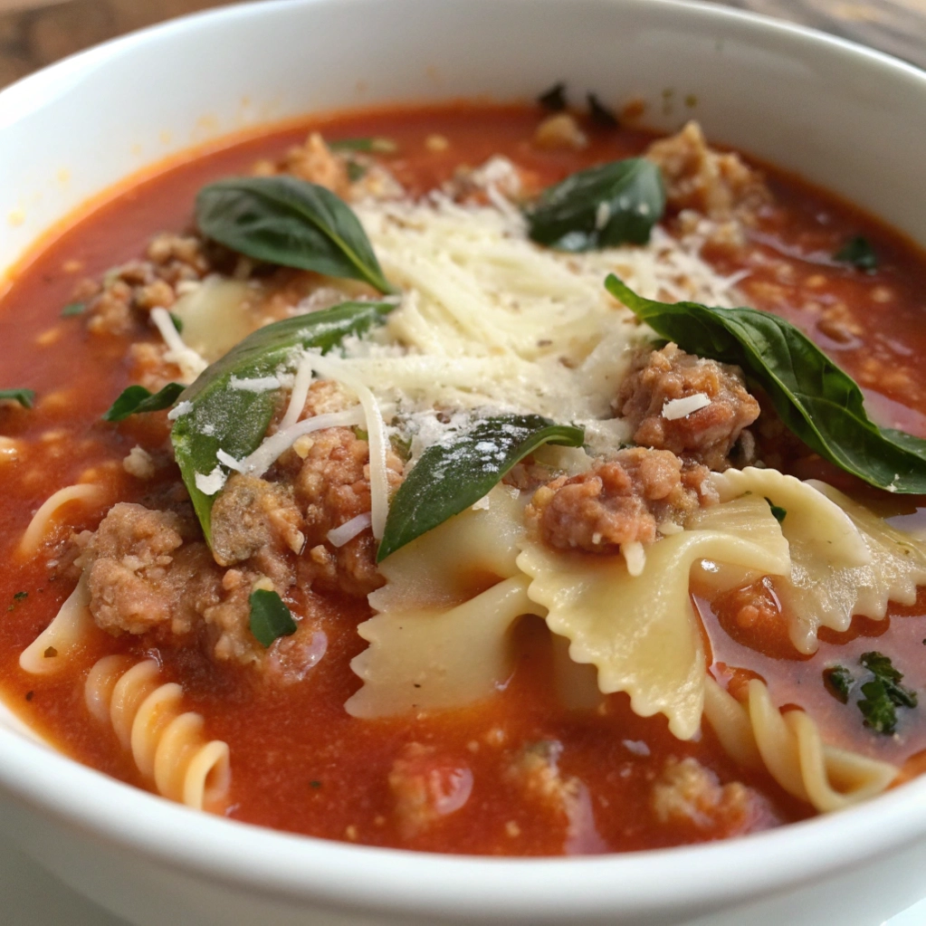 Bowl of lasagna soup with turkey, basil garnish, and melted cheese.