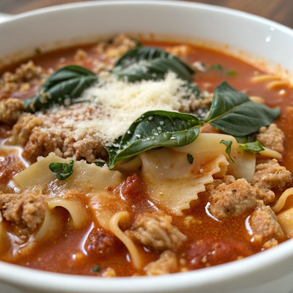 Close up of tomato-based lasagna soup with ground turkey and cheese.
