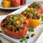Bell pepper stuffed with turkey, black beans, corn, and cheese.