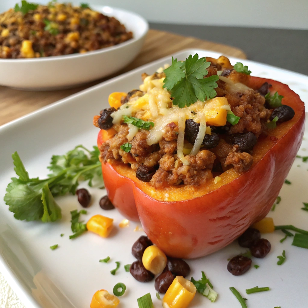 Platter of vibrant stuffed peppers with turkey and black bean filling.