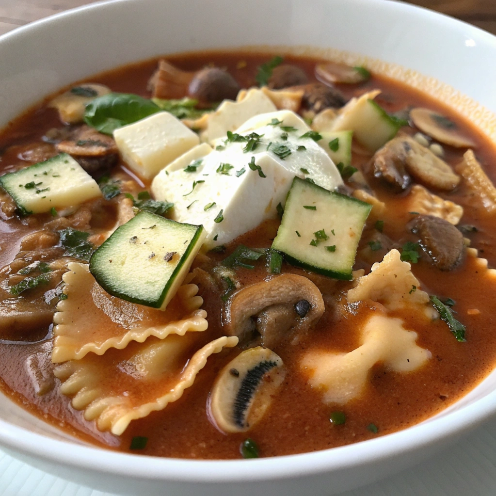 Close up of lasagna soup with bowtie pasta and fresh basil.