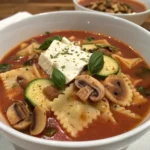 Vegetarian lasagna soup with zucchini, mushrooms, and ricotta cheese topping.