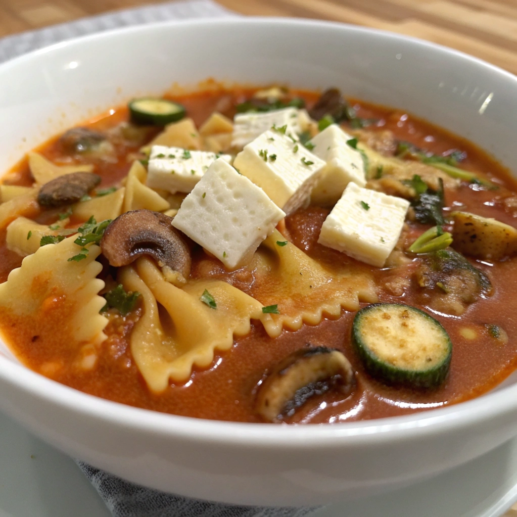 Bowl of tomato-based lasagna soup with zucchini slices and mushrooms.