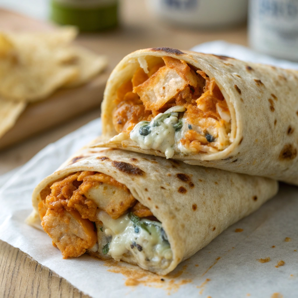 Air Fryer Buffalo Chicken Wraps with Blue Cheese Drizzle