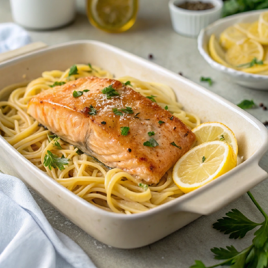 Baked Lemon Butter Salmon with Pasta
