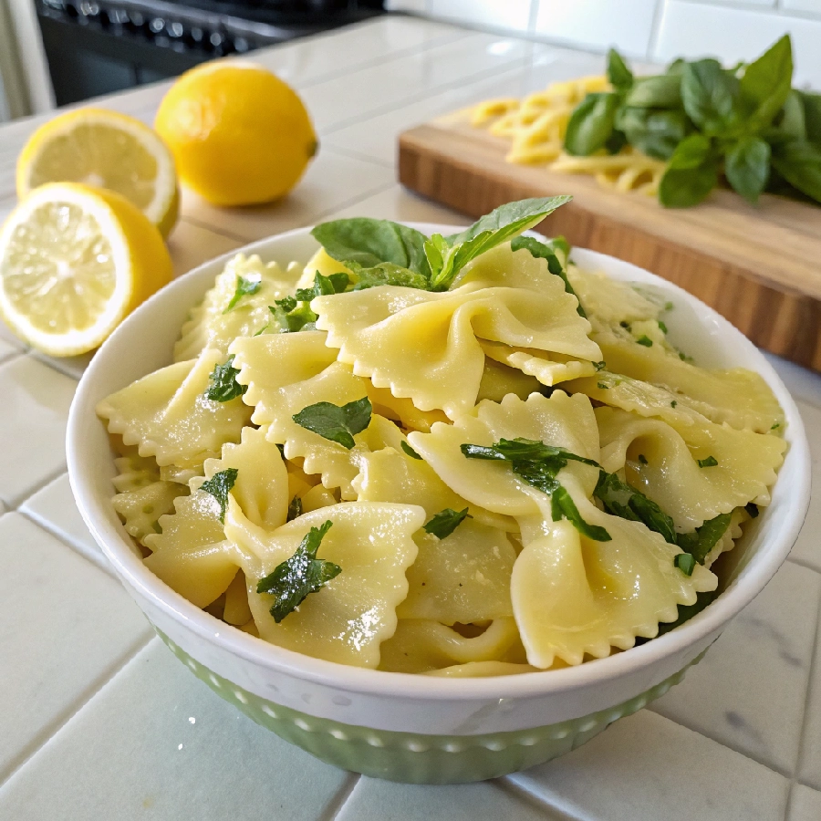 Lemon Bowtie Pasta Salad with Asiago & Basil
