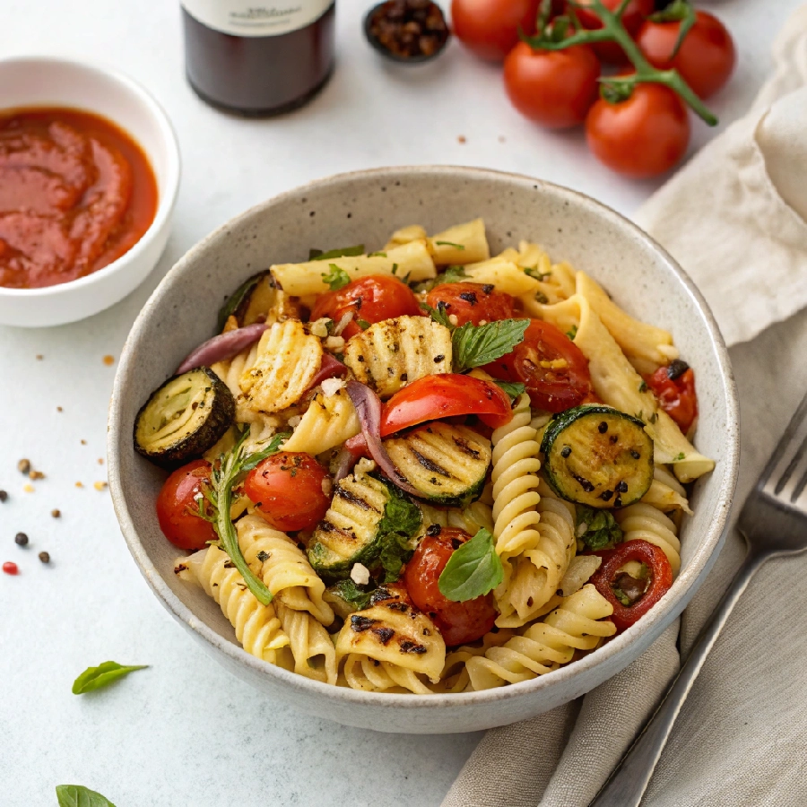 Summer Pasta Salad with Grilled Veggies & Tomato Vinaigrette