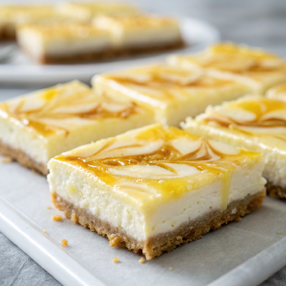 No-Mixer Lemon Curd Swirl Cheesecake Bars 1 extreme close up and from the top of creamy lemon - Danyrecipes