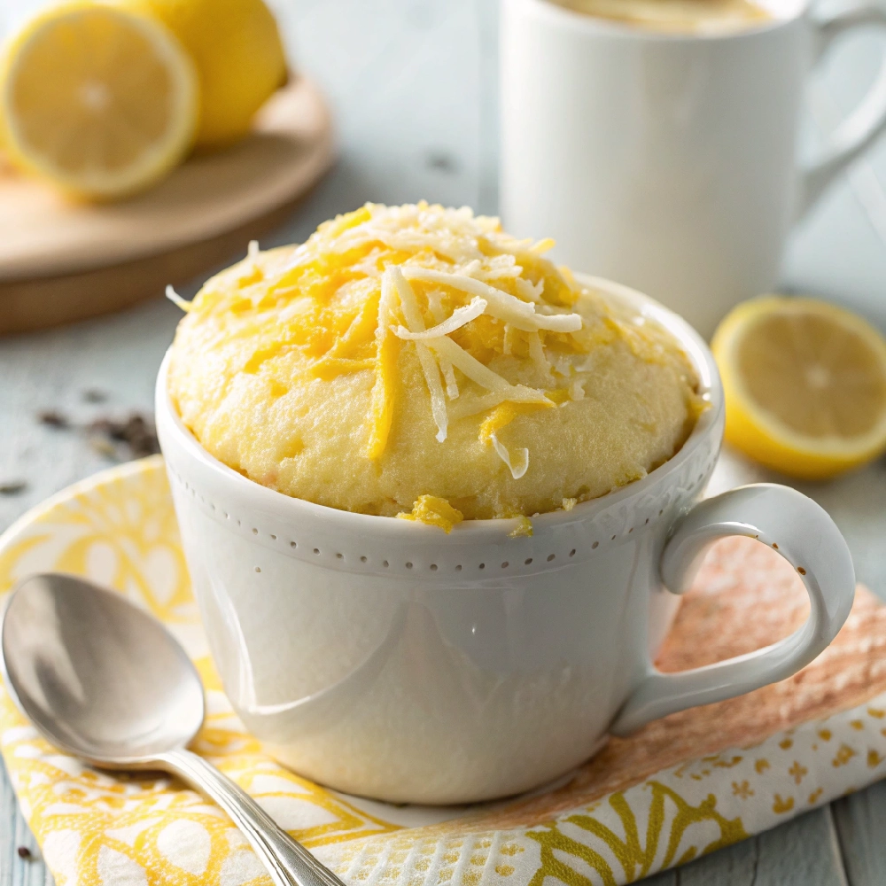 Easy Microwave Lemon Mug Cake 3 extreme close up and from the top of creamy micro - Danyrecipes