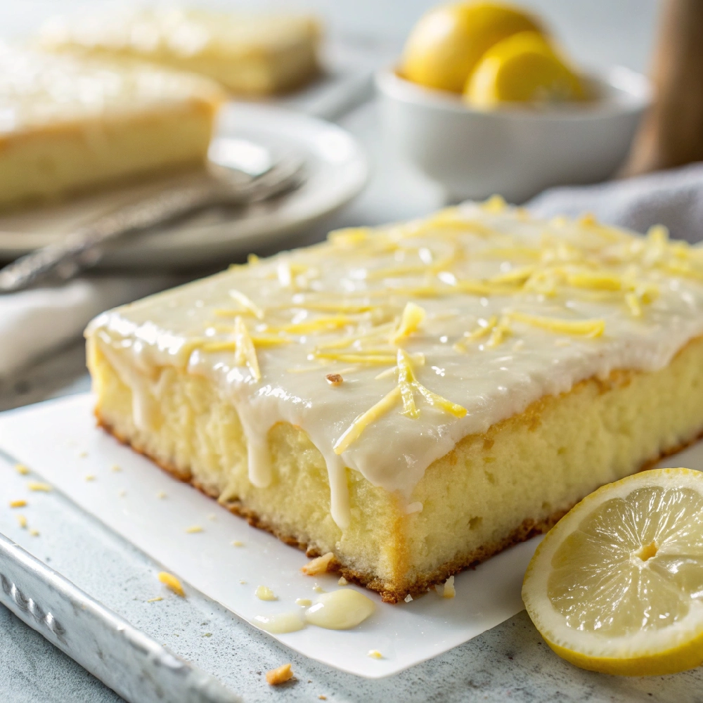 Easy One-Pan Lemon Sheet Cake with Lemon Glaze 2 extreme close up and from the top of creamy one p 1 - Danyrecipes