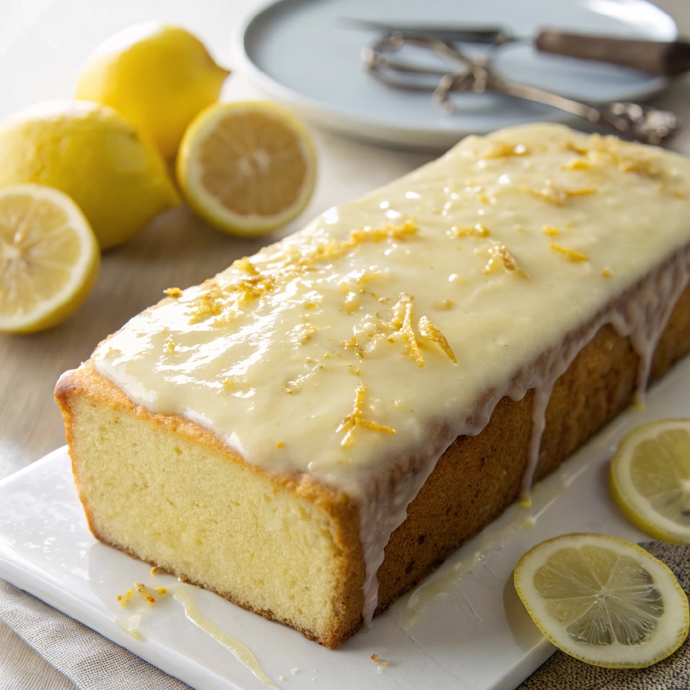 Moist Lemon Pudding Loaf Made with Cake Mix 1 flat lay extreme close up and from the top of cre - Danyrecipes